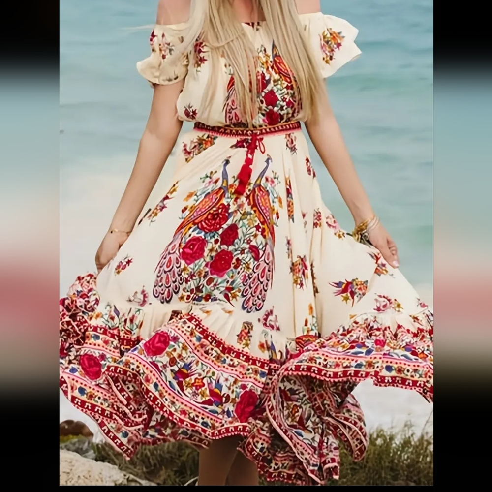 Bohemian floral print off shoulder maxi dress size large. New never worn. - Picture 2 of 5